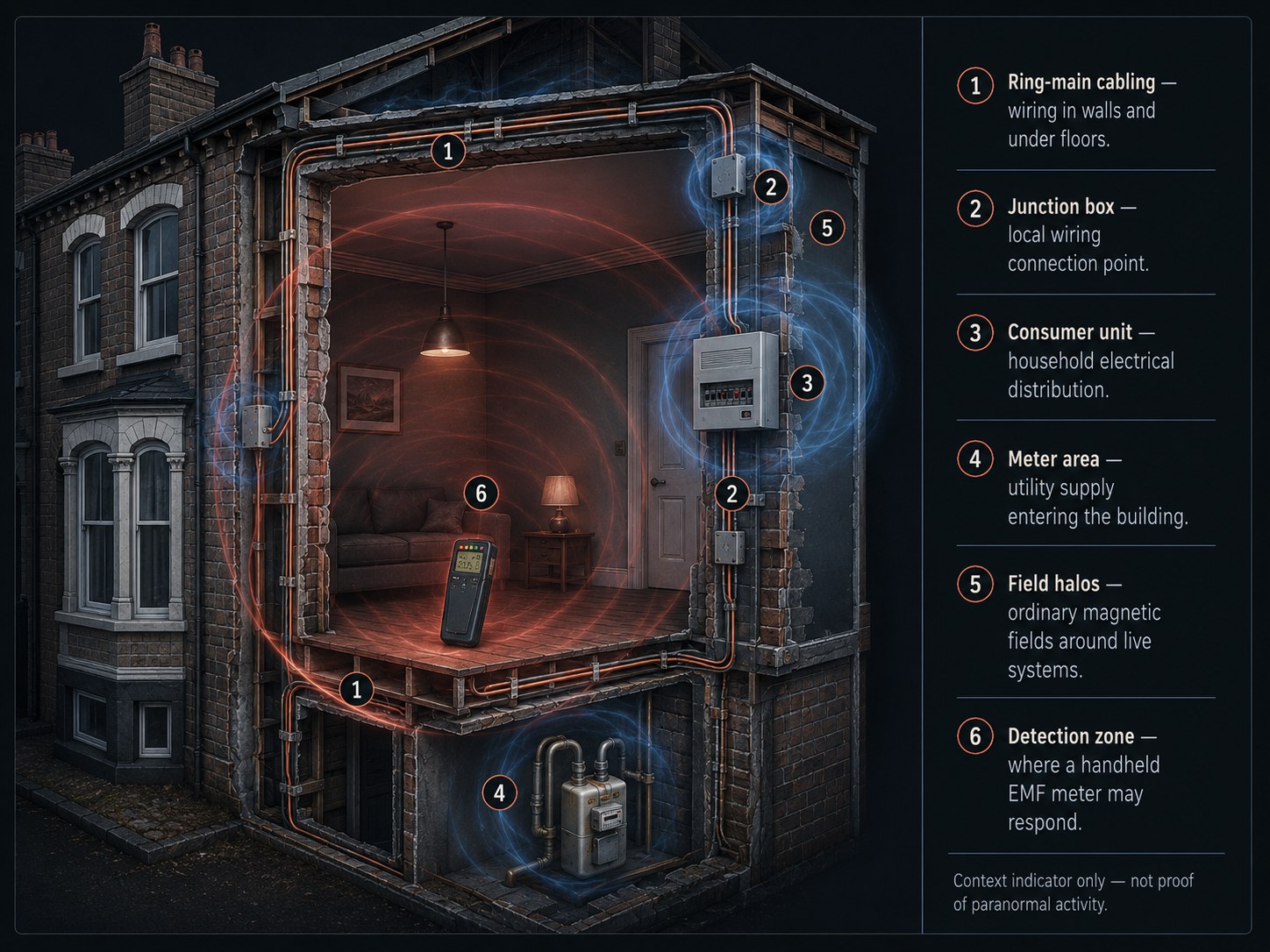 Architectural cross-section of a Victorian terraced house showing the positions of ring mains, junction boxes, consumer unit and meter, each surrounded by a field halo showing the EMF detection range of a standard K-II meter.