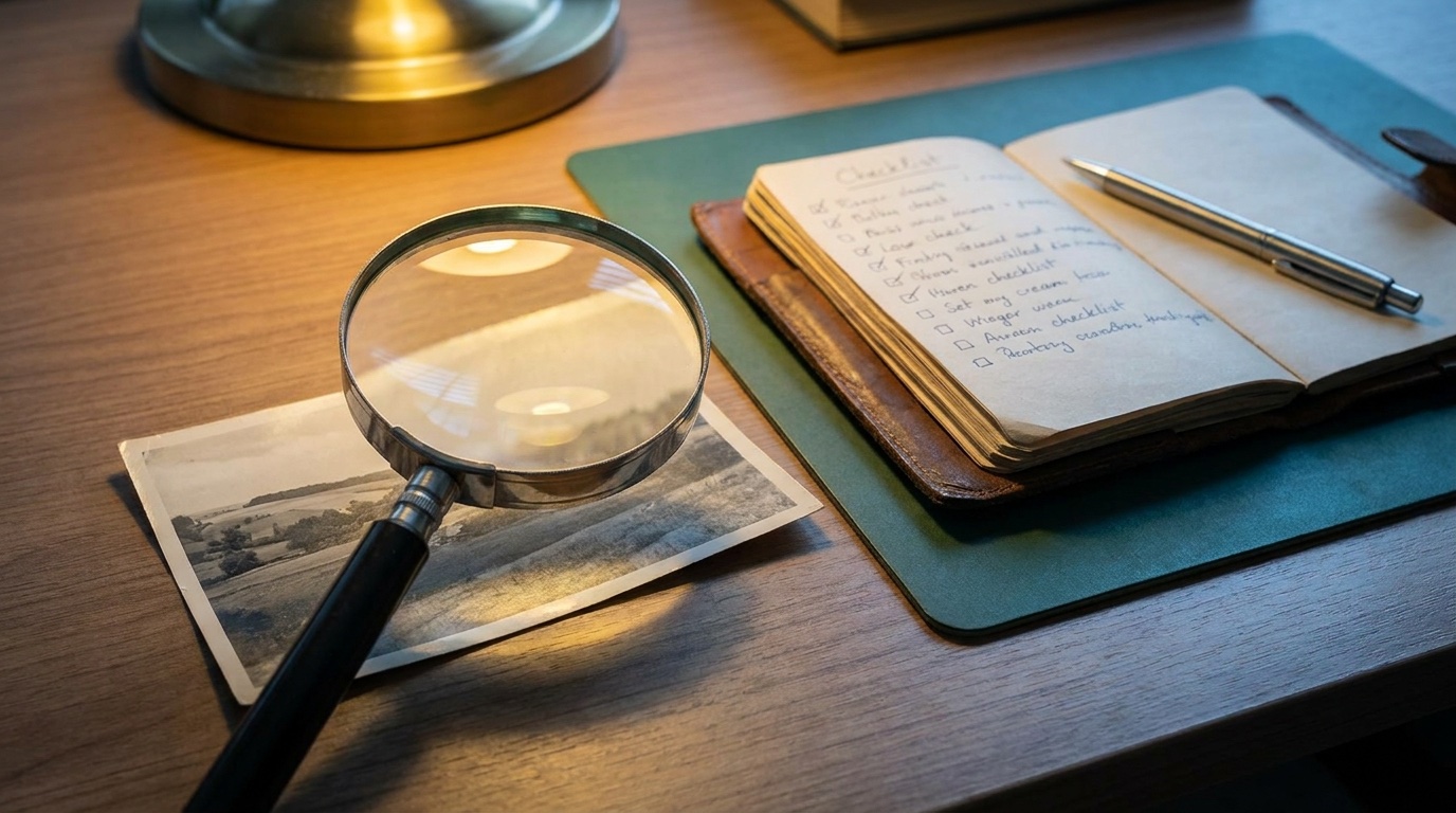 A photograph being examined with a magnifying glass beside a checklist